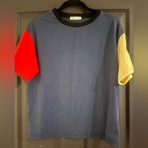 ROMWE Blue and Red Color-Block Short Sleeve Tee